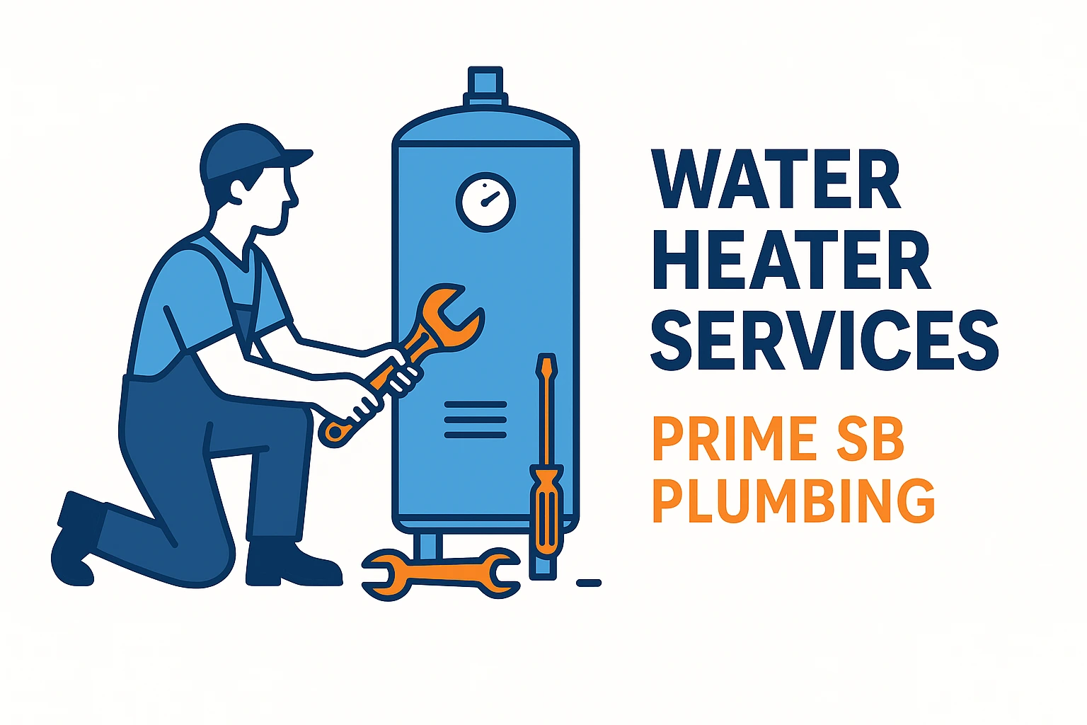 Vector-style digital illustration showing professional water heater services with plumber icon, tools, and hot water tank – ideal for promoting plumbing services like Prime SB Plumbing.