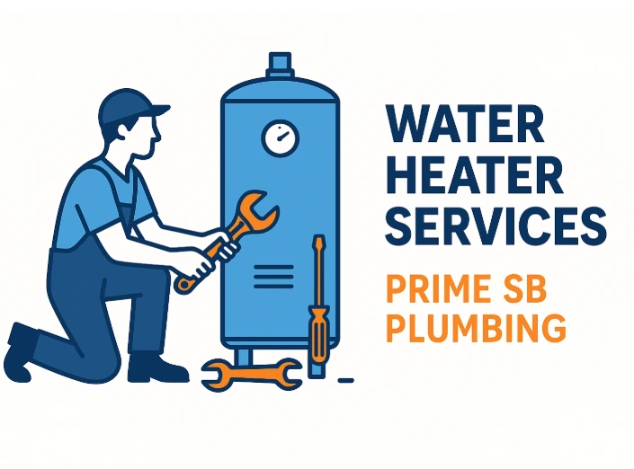 Vector-style digital illustration showing professional water heater services with plumber icon, tools, and hot water tank – ideal for promoting plumbing services like Prime SB Plumbing.