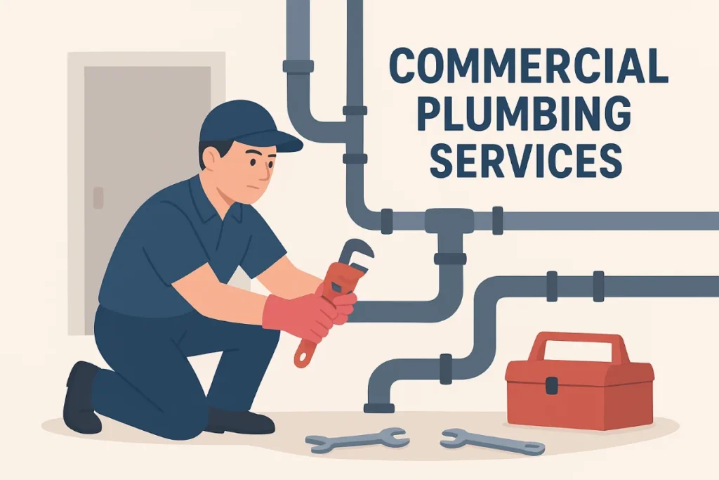 “Illustration of a commercial plumber working on building plumbing systems with professional tools, representing commercial plumbing services.”