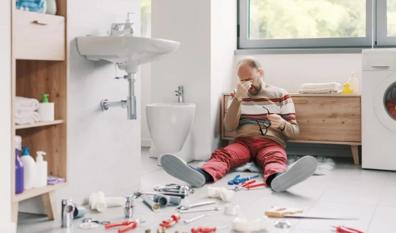 "Failed DIY plumbing repair with tools scattered on bathroom floor"