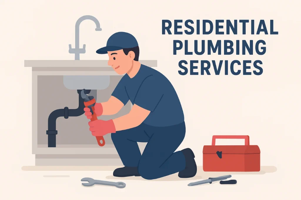 “Illustration of a residential plumber fixing a kitchen sink pipe with tools and a toolbox, representing home plumbing services.”